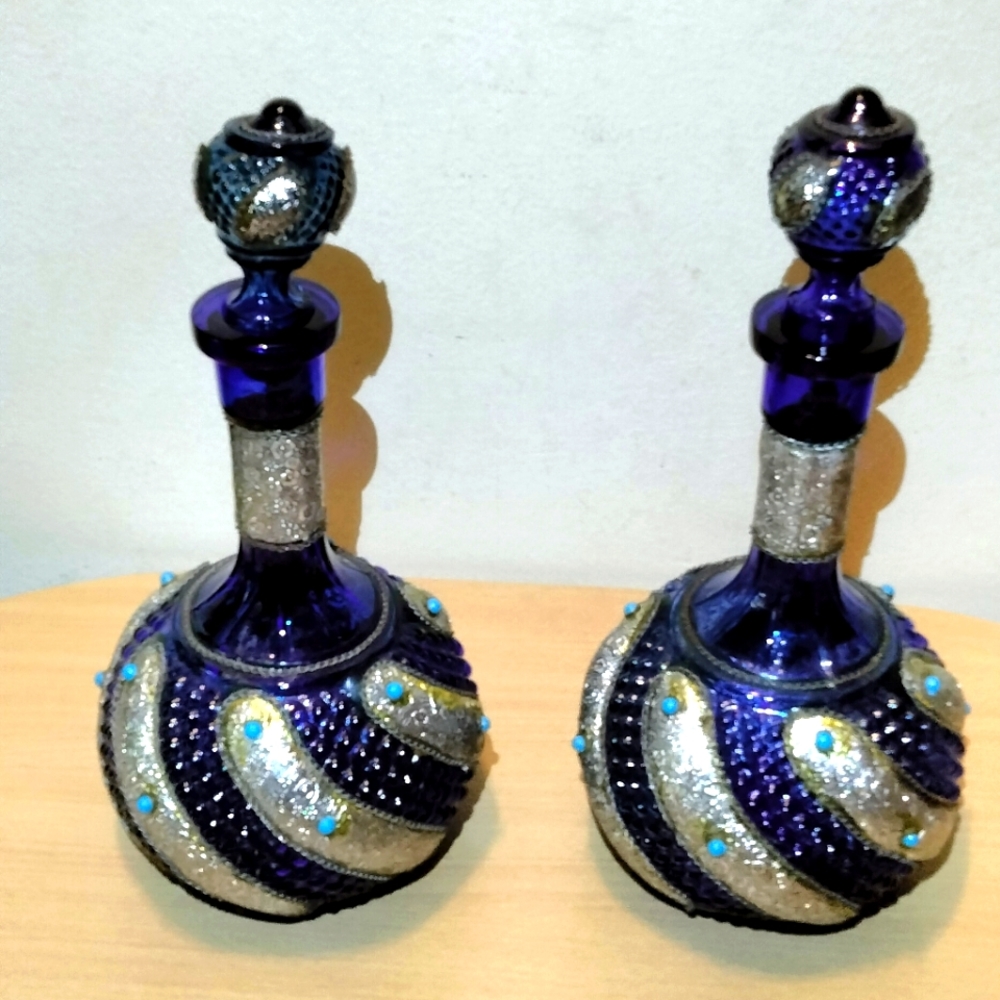 RARE FIND Vintage Hand Crafted Silver Leaf 999 Silver Overlay Cobalt Decanter